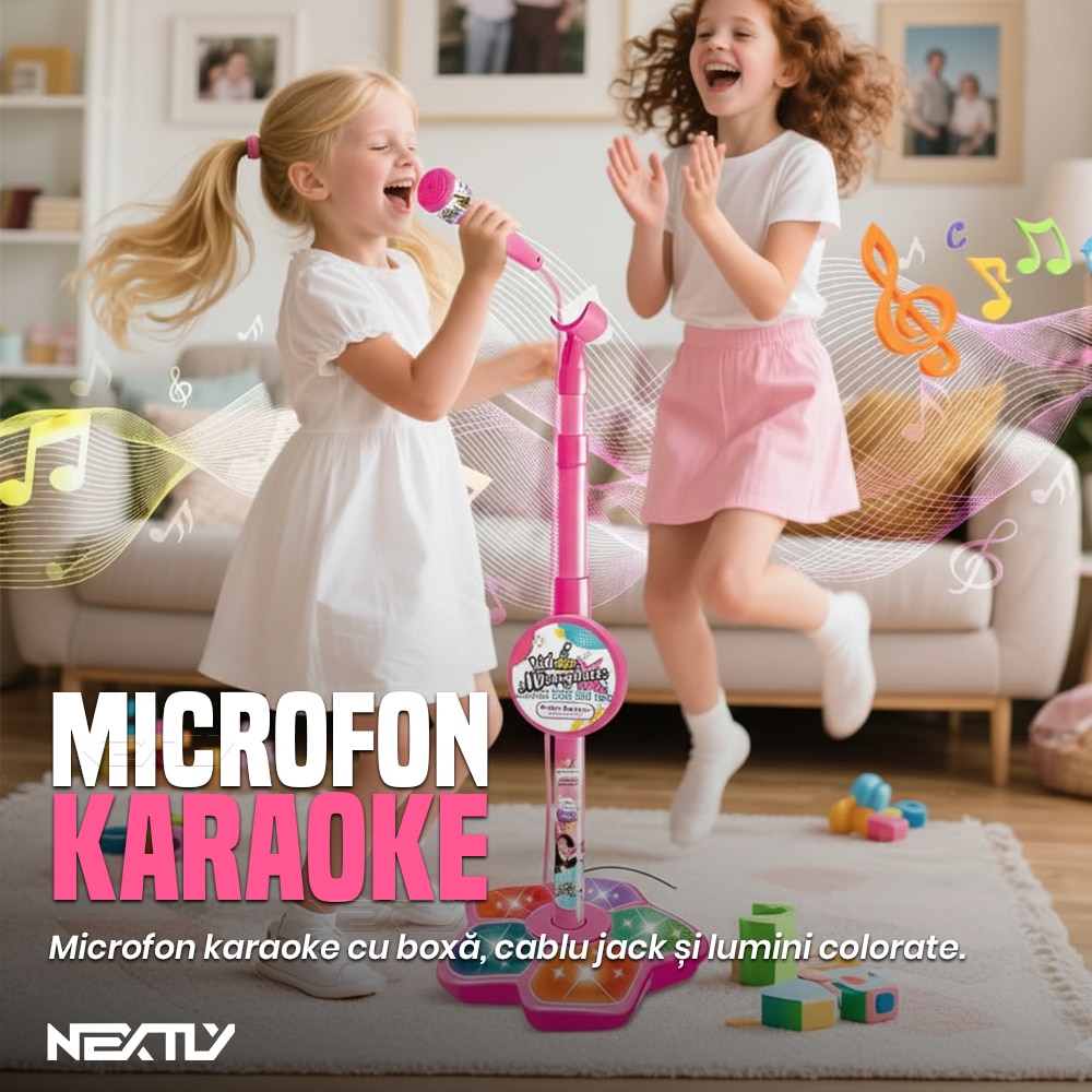 Microfon copii cu stativ, NEXTLY, roz, reglabil 70-100cm, detasabil ...