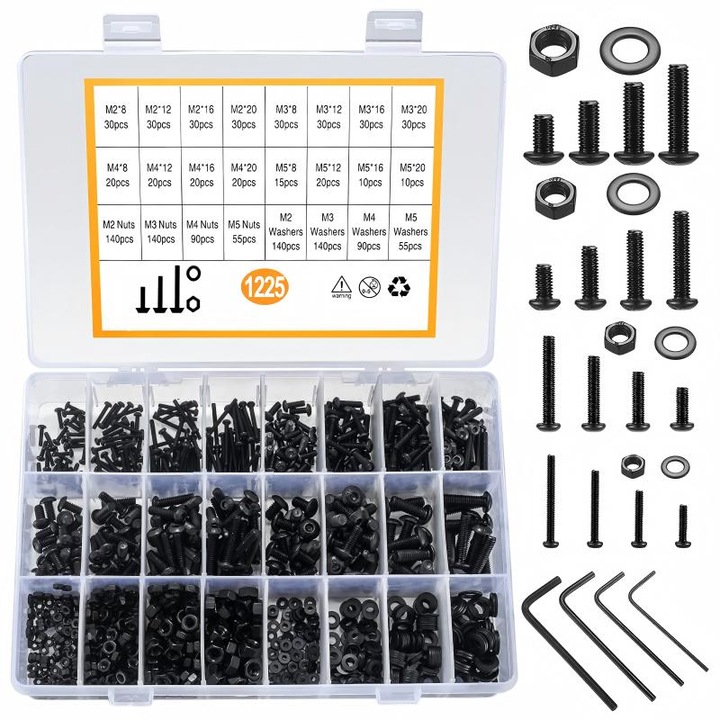 Set 1225 suruburi hexagonale, M2 M3 M4 M5, Cutie Depozitare Transparenta, pentru Reparatii Auto, Electronice, Motoare, Proiecte DIY si Constructii, Negru