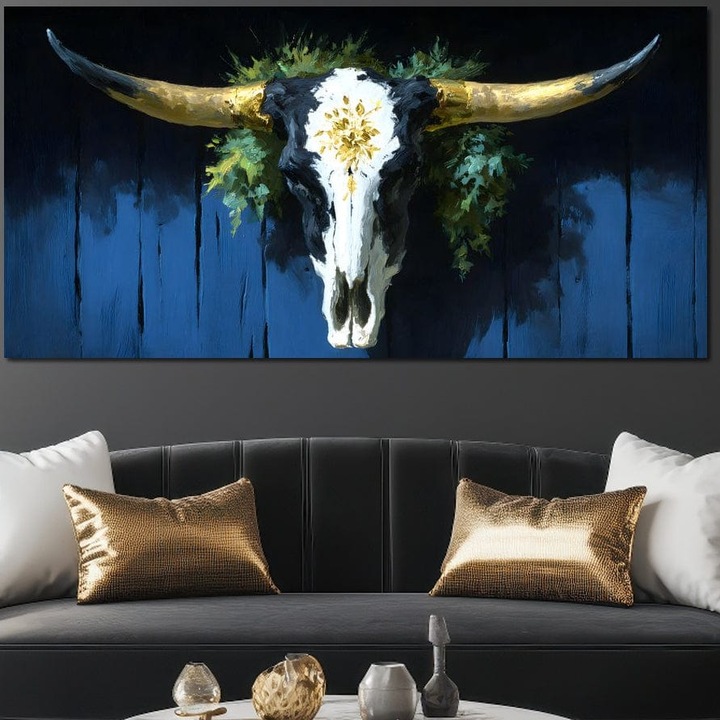 Tablou Canvas Premium, LuxCanva® M1514, Calauza Noptii, 40 X 80 CM, Panza Bumbac 100% 400g/m2, Sasiu Lemn, Craniu, Schelet, Taur, Animal, Bestie, Coarne, Trofeu, Dormitor, Birou, Living, Camera Copil