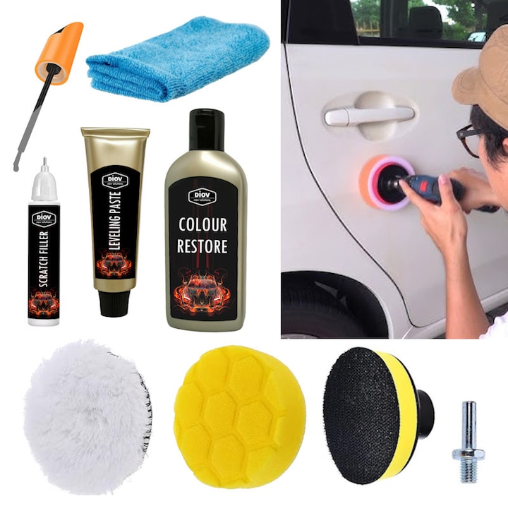 KIT Corector Zgarieturi Vopsea Auto Gri / Argintie cu Penson, Pasta Corectoare si Polish Restaurare, se aplica usor cu Bormasina