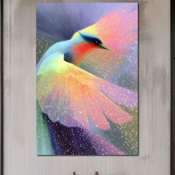 Tablou Canvas Premium, LuxCanva® M1516, Mesagerul Luminii, 80 X 120 CM, Panza Bumbac 100% 400g/m2, Sasiu Lemn, Pasare, Aripi, Sclipire, Magie, Mistic, Aurora, Culori Vibrante, Dormitor, Birou, Living, Camera Copil