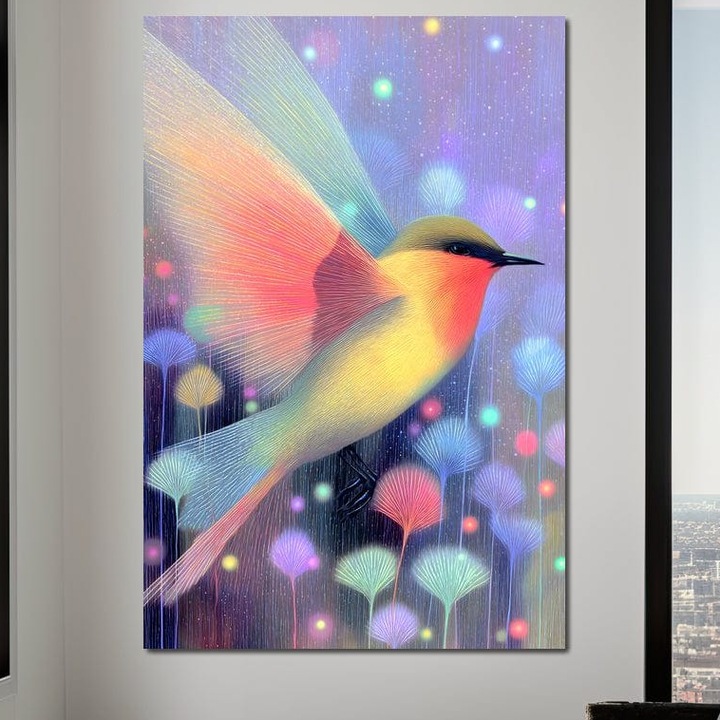 Tablou Canvas Premium, LuxCanva® M1517, Zbor sub Praf de Stele, 40 X 60 CM, Panza Bumbac 100% 400g/m2, Sasiu Lemn, Eteric, Multicolor, Mistic, Lumina, Stralucitor, Pasare, Aripi, Dormitor, Birou, Living, Camera Copil