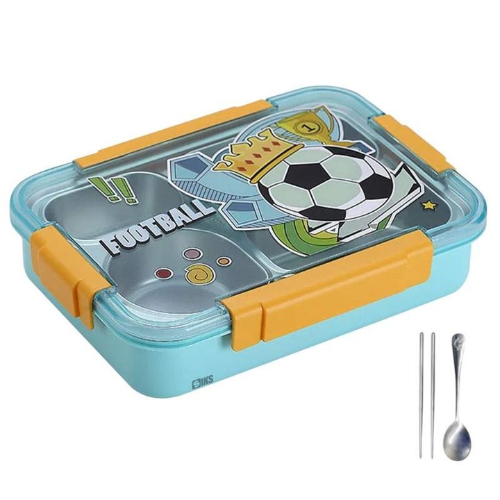 Caserola Termica SIKS Fotbal, 4 Compartimente, Verde, Inox/Plastic, 900ml, 26x19x7cm