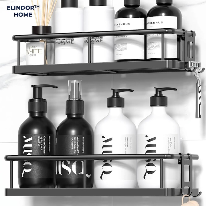 Комплект 2 Рафта за Душ Elindor® Етажерка с Лепило, Етажерка за Баня, Рафт с Куки, от Метал, Държач за Кърпи и Сапун, Органайзер за Баня или Етажерки за Съхранение в Кухня, Аксесоари, 31.5 x 11 x 6.5 см, Черен