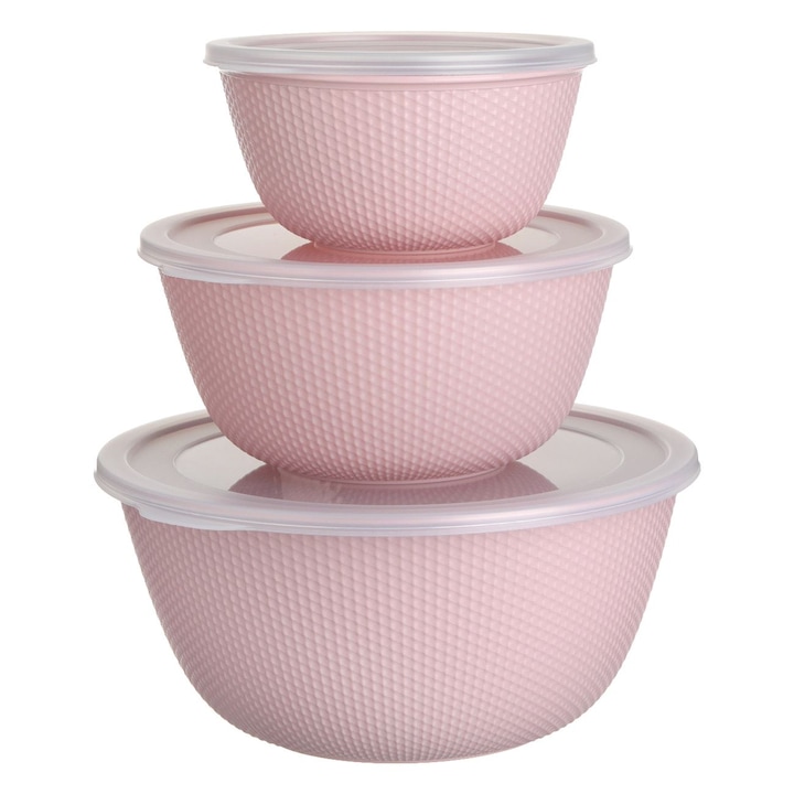 Set boluri din plastic roz cu capac, 3buc, 2L (21x10cm), 1L (17x8cm), 0.5L (13x7cm)