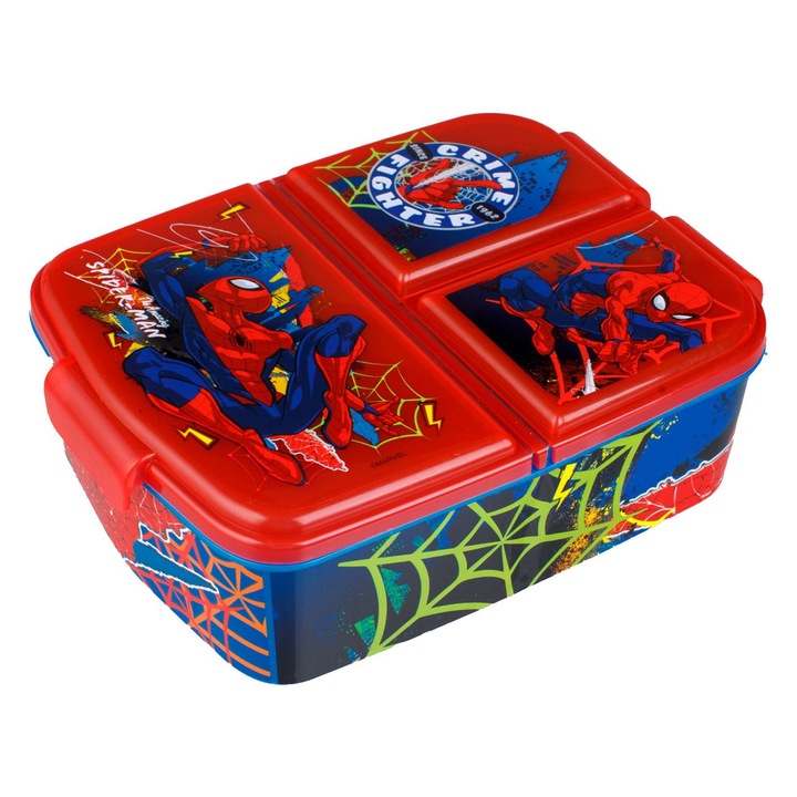 Caserola pentru copii, Spiderman, 3 compartimente, roșie-albastră, 790ml, 13x8x5.5cm și 6x8x5.5cm