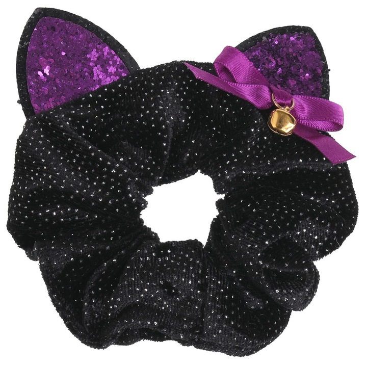 Elastic de păr textil negru cu strasuri, urechiuse mov și clopoței, pentru Halloween