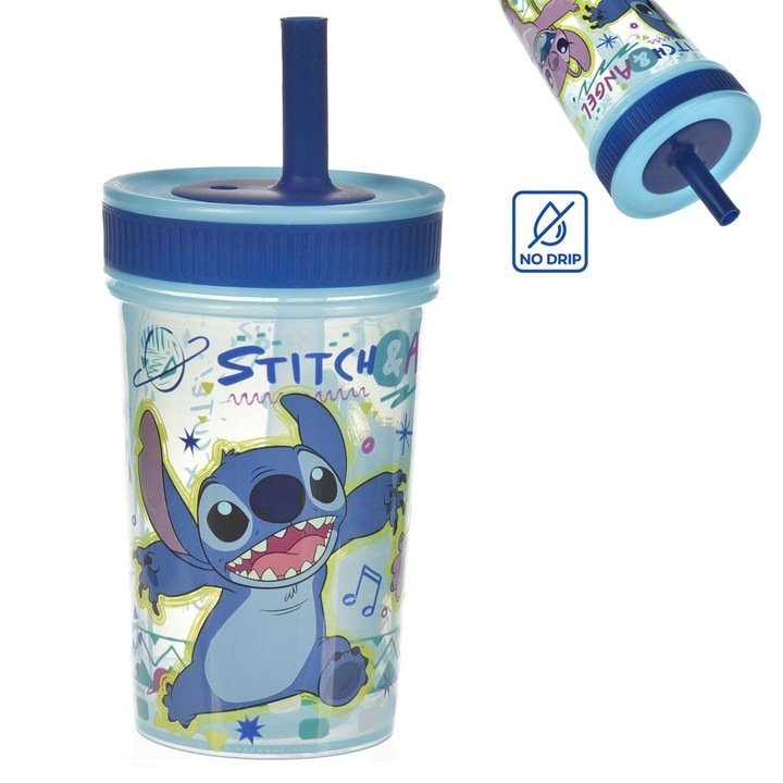Műanyag pohár szívószállal, Stitch mintás, kék, 420ml, újrahasználható