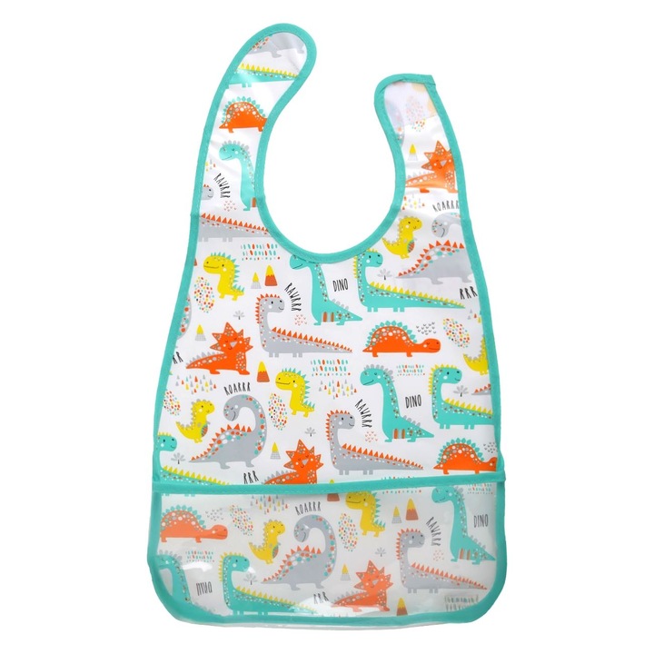 Előke gyűjtőzsebbel, fehér-zöld, dinoszaurusz mintás, 26x30cm