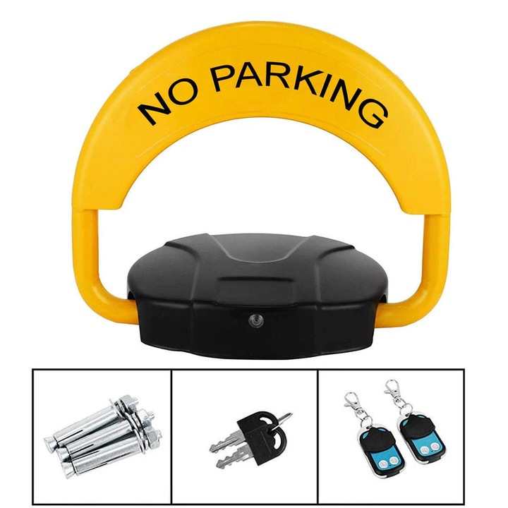 Автоматичен блокиратор за паркомясто Vivendo®, с 2 дистанционни управления и аларма, издържа 2 тона, устойчив на атмосферни влияния, с 3 батерии, жълт/черен