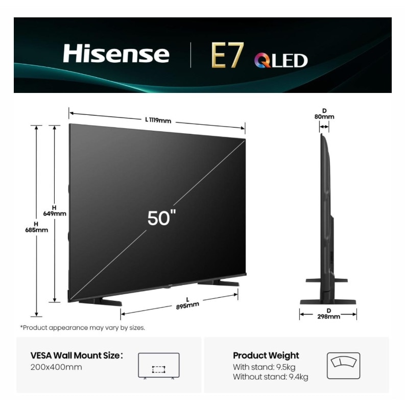 Televizor Hisense 50" E7Q, 4K Ultra HD 3840x2160, QLED, Quantum Dot, HDR 10+, HLG, Dolby Vision, DTS Virtual X, Smart TV, WiFi, Light Sensor, BT, Anyview Cast, 3xHDMI, 2xUSB, LAN, CI+, DVB-T2/C/S2, Negru 50E7Q
