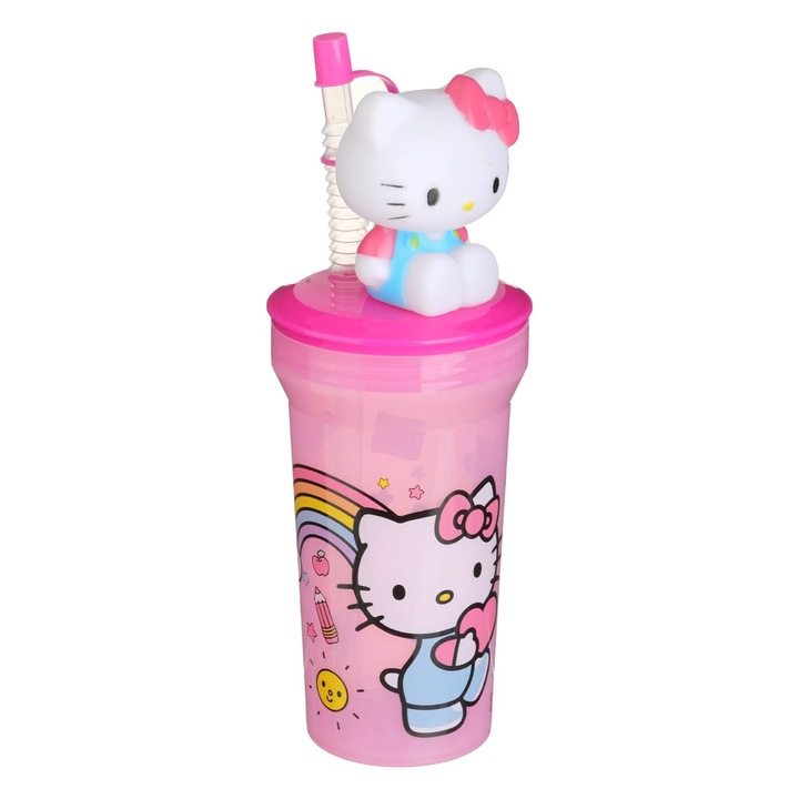 Hello Kitty műanyag pohár szívószállal, 400ml, rózsaszín, 3D