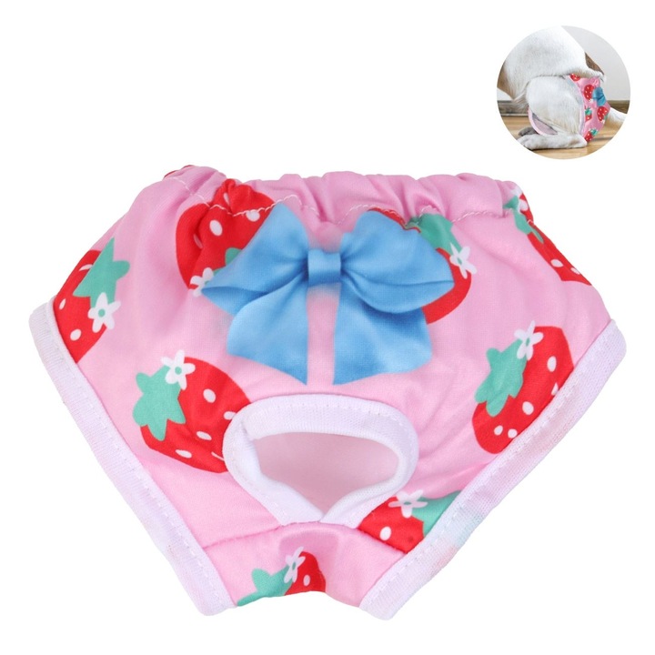 Chiloti de protecție pentru câini, roz, model căpșuni, bumbac, one size INTL