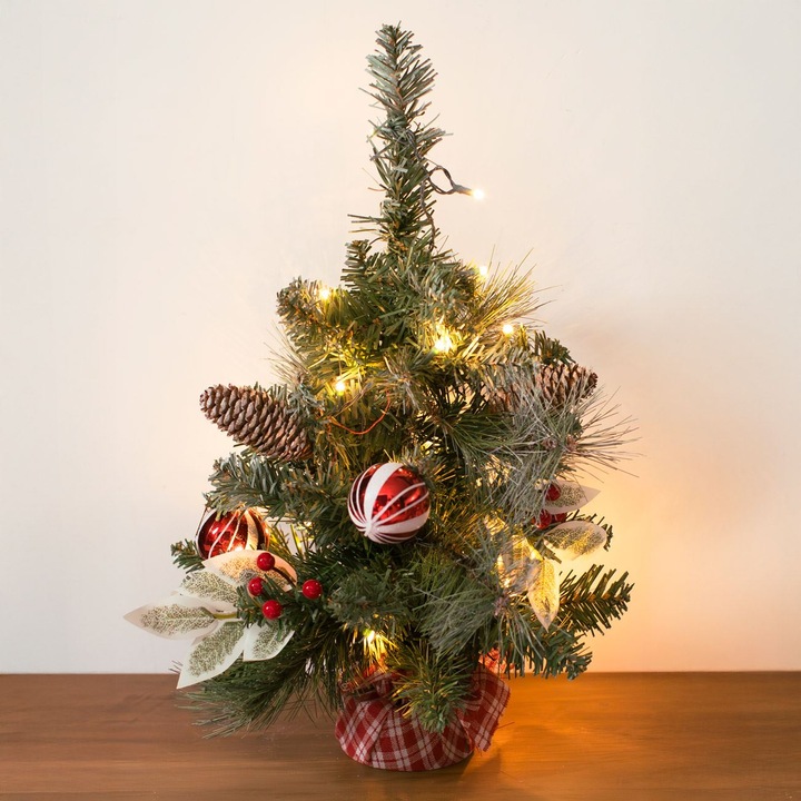 Karácsonyi dekoráció fenyőfa kockás talppal, 20 LED égő, 50 cm, piros, mű