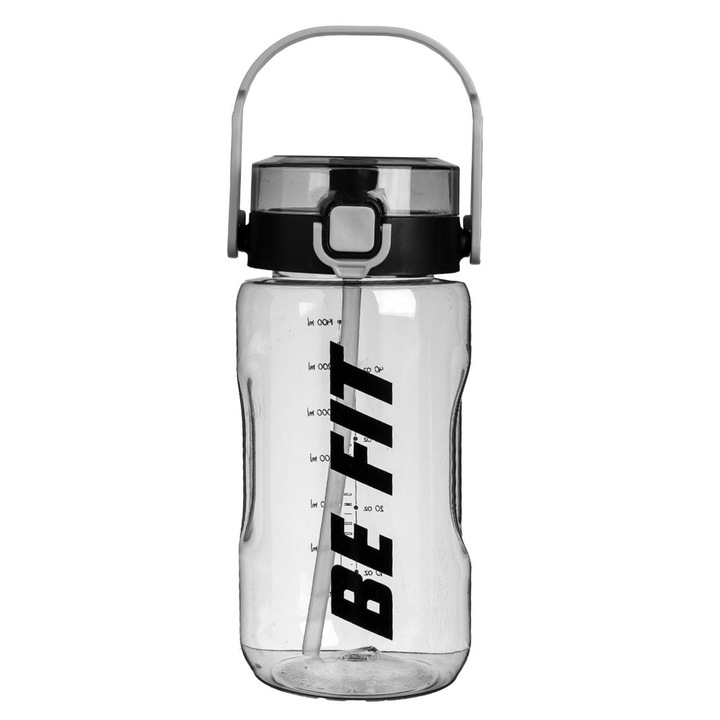 Átlátszó sport kulacs, 1,5l, szürke fogantyúval, kifolyóval, motivációs üzenetekkel