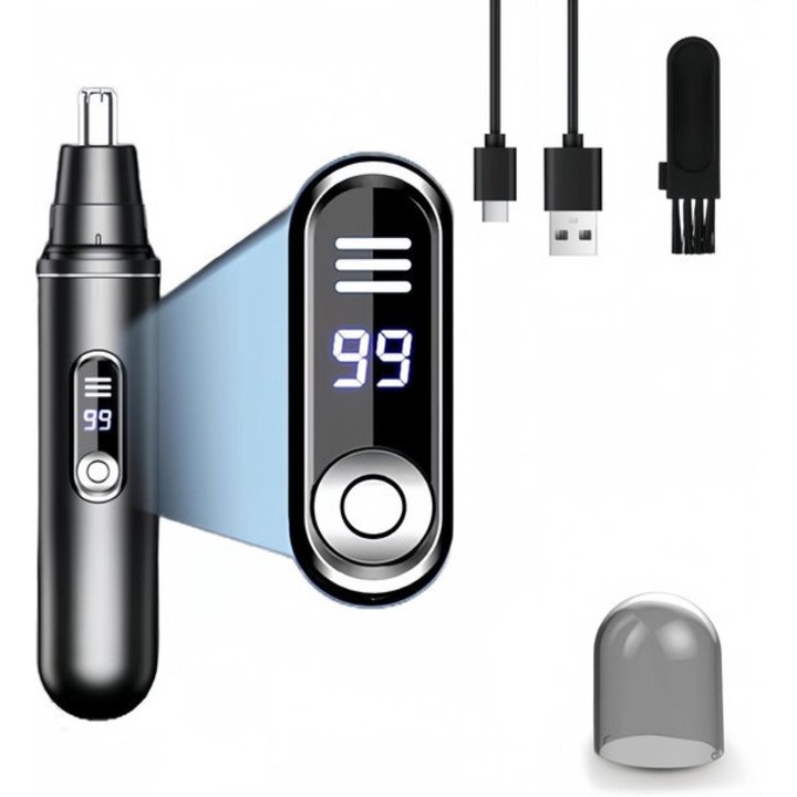Trimmer pentru nas si urechi K0443-emagCJ-19488, reincarcabil USB, afisaj LED, lame duble din otel inoxidabil, rezistent la apa, negru, 12,5 x 2,5 x 2,5 cm