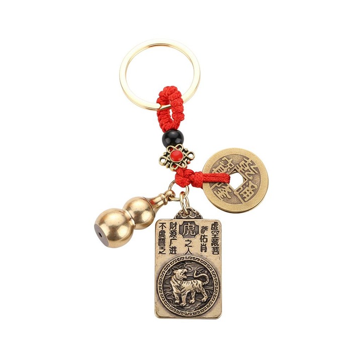 Amuleta Zodia Tigru, Breloc Feng Shui, Talisman Curaj, Protectie si Abundenta, Pentru Persoanele Nascute in Anii: 1950, 1962, 1974, 1986, 1998, 2010, 2022, Metal Auriu Antic