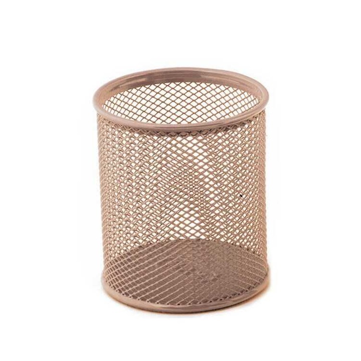 Suport din plasa metalica, pentru pixuri, forma rotunda, rose gold