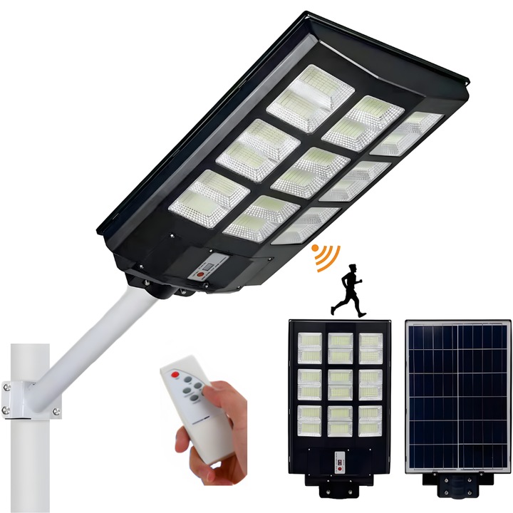 Lampa Stradala Solara AriDam®, Putere 800W, IP66, Senzor miscare, Autonomie 12-14h, Telecomanda, Panou integrat + Stalp, Dimensiuni 60x34 cm