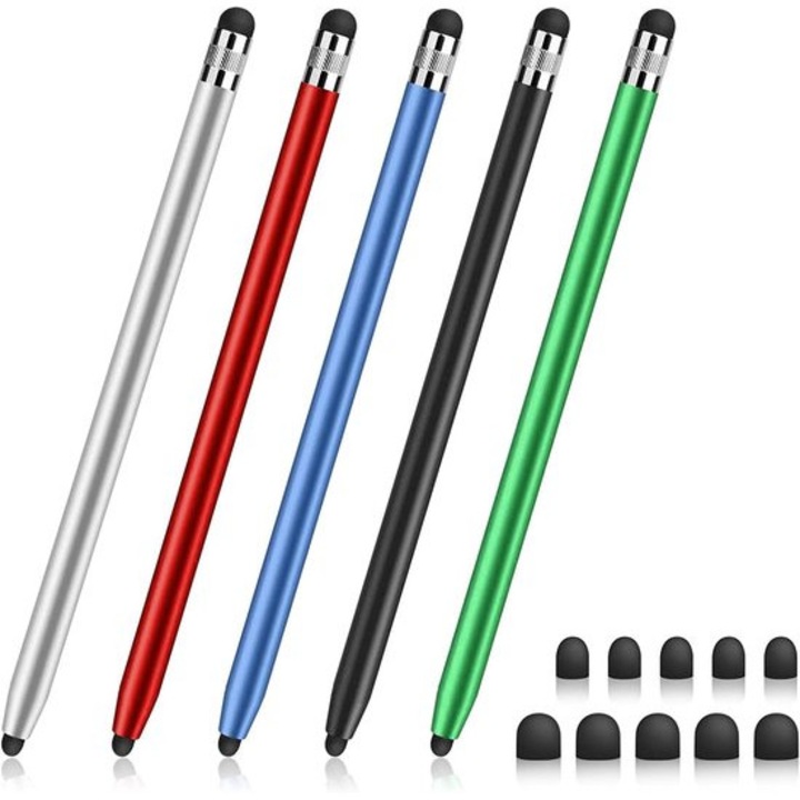 Set 5 stylusuri capacitive multicolor, varf dublu din cauciuc, sensibilitate ridicata, dimensiuni variate