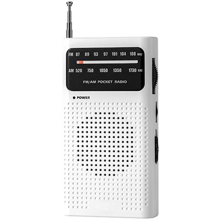 Radio portabil cu tranzistor, AM/FM, dimensiuni 8.5x4x14.8cm, alimentat cu 2 baterii AA, design compact, alb