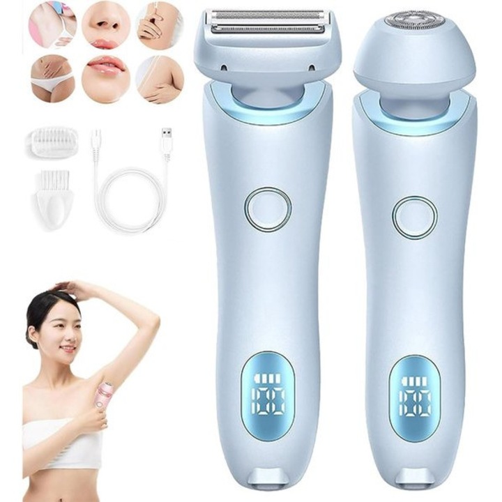 Epilator electric 2 in 1 pentru femei, trimmer bikini, impermeabil, incarcare rapida, portabil, albastru