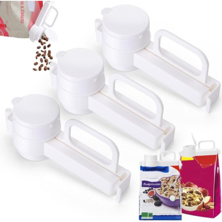 Set 3 cleme de sigilare alimentara cu deschizator, 17x2.8x5.9cm, transparent, rezistent la umiditate