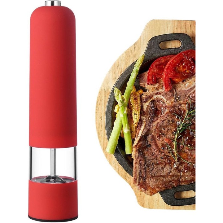 Rasnita electrica pentru piper si sare, 22cm, grad de macinare ajustabil, rosu, set