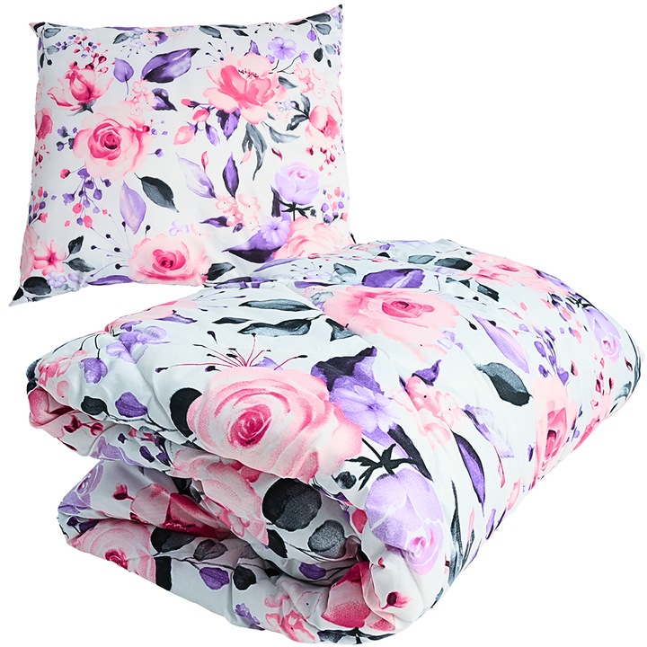 Set de lenjerie 2in1, Textom, Model cu flori, 160x200 cm, 70x80 cm, Pentru tot anul, Antialergic, Fata din microfibra, Umplutura pufoasa 400g/m², Matlasat des, Lavabil, Culori pastelate