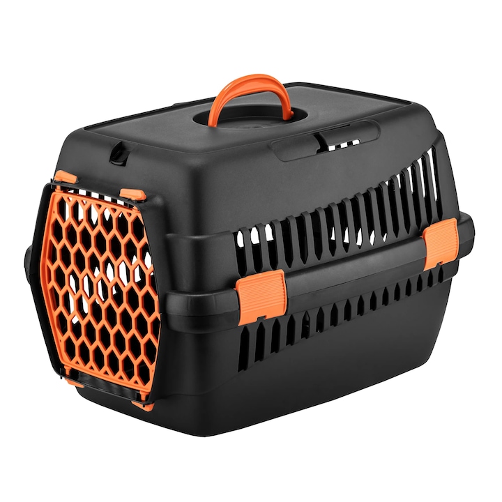 Cusca de Transport 4Dog Deluxe, Neagra cu Usa Portocalie, 49x35x32.5cm, pentru caini de talie mica si pisici