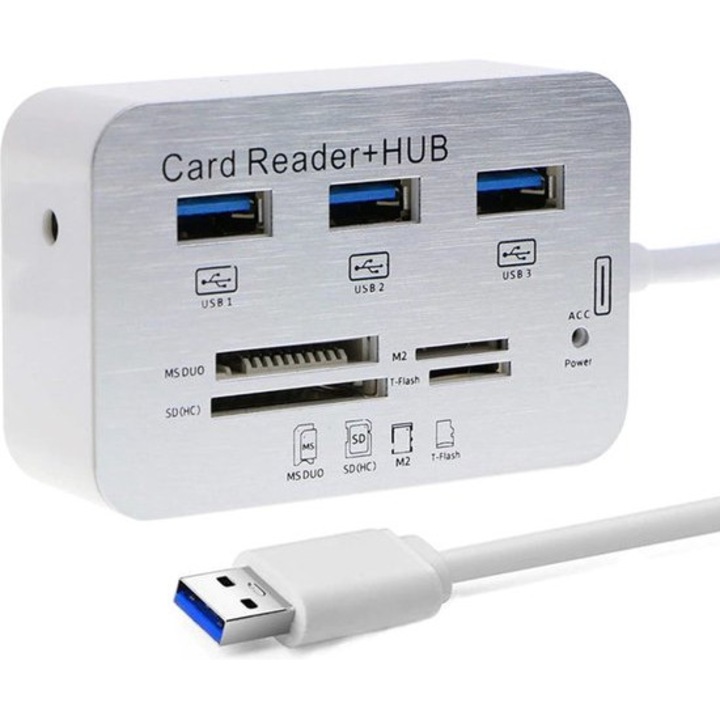USB 3.0 elosztó, 3 portos, kártyaolvasó, fehér, 77x45x25mm