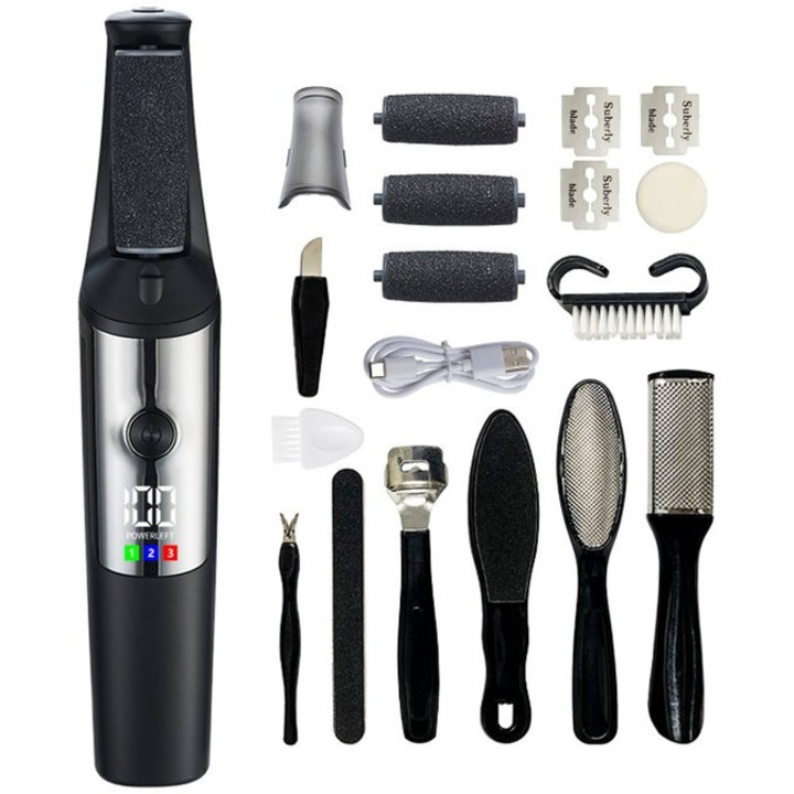 Set de ingrijire a picioarelor, 10 piese, exfoliator electric, 3 viteze ajustabile, negru, 19x4x4cm