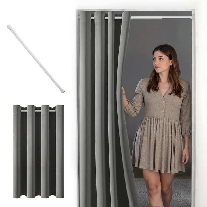 Перде MIULEE, 150 x 200 см, непрозрачно, с халки, термоизолиращо, с телескопична щанга 70 – 130 см, цвят сив