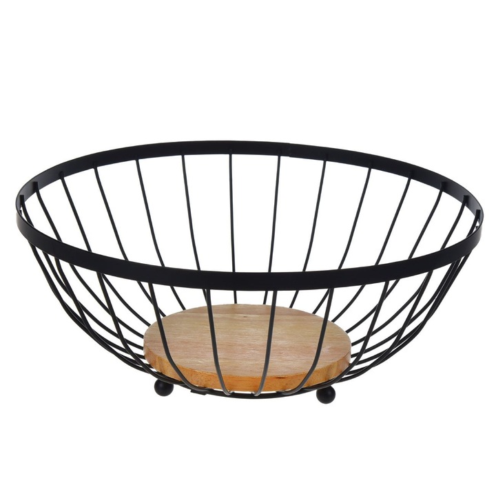 Fekete fém gyümölcstál fa alappal, 28,5x12cm