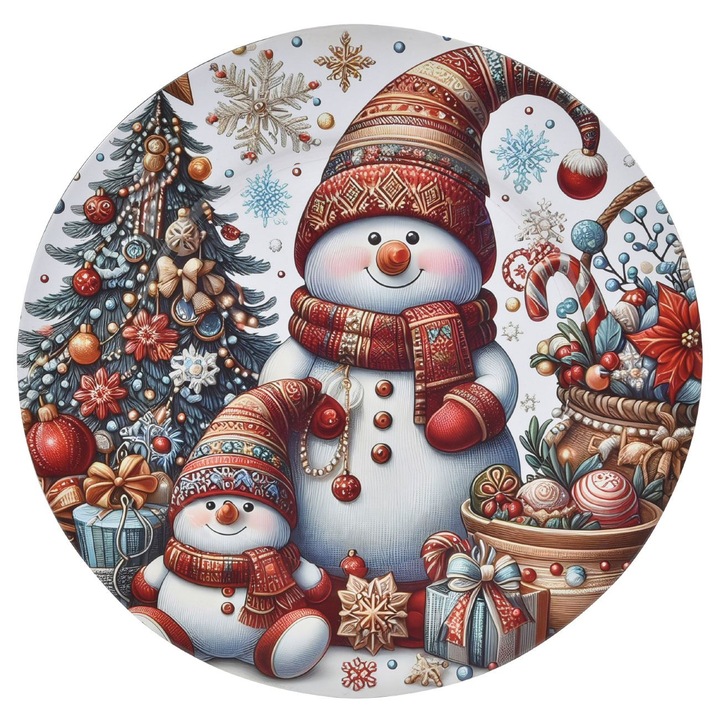 Platou Decorativ Rotund din Plastic de Craciun cu Model Vintage Om de Zapada Ø33cm
