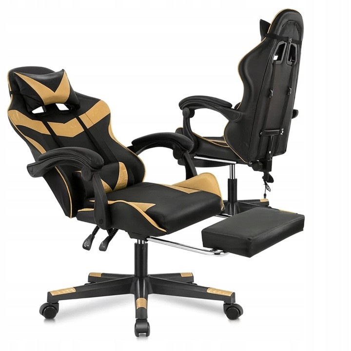 Въртящ се геймърски стол, Zola, тип черупка, регулируем, облегалка за глава, лумбална възглавница, разтегателна поставка за крака, поддържано тегло 150 кг, геометричен модел, черен/златист