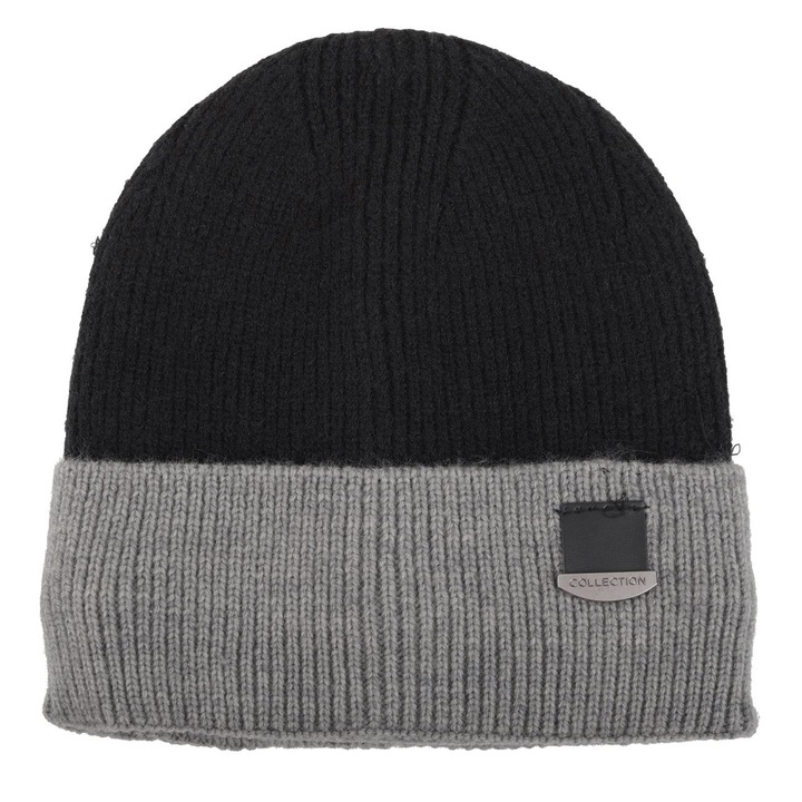 Caciula Tricotata Neagra Gri cu Captuseala & Vinieta Pu Metalica pentru Barbati