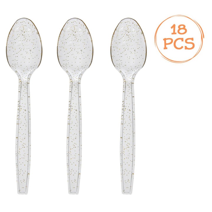 Lingurite Reutilizabile de Petrecere din Plastic Transparent cu Glitter Auriu 15,2cm - 18cm