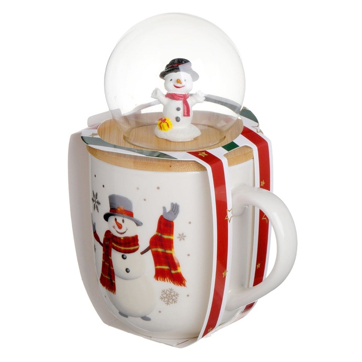 Cana de Crăciun cu model om de zăpadă, capac glob de zăpadă, ceramică, 500ml, alb