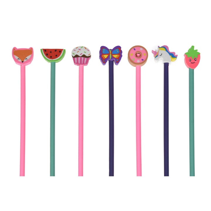 Комплект фантастични кръгли моливи с гумичка, различни модели, многоцветни, 7 бр.