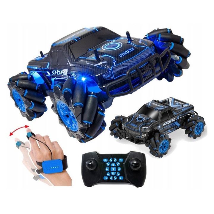 Masina off-road 4x4 cu telecomanda si control prin gesturi, Zola, functie drift, 20 km/h, roti cu role, efecte luminoase si sonore, 27 x 22 x 13 cm, negru/albastru