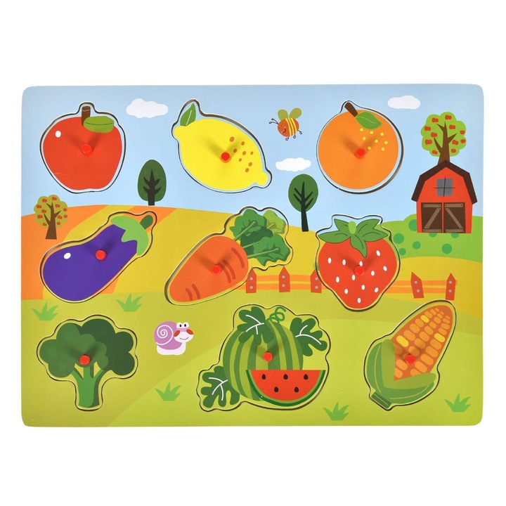 Fából készült gyümölcs- és zöldségpuzzle, 9 darabos, 30x22cm