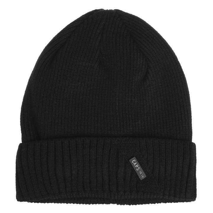 Мъжка плетена шапка, черна, унисекс, с поларена подплата, метален елемент