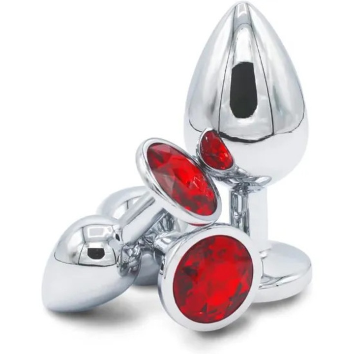 3 db-os anális dugó készlet, rozsdamentes acél, kicsi, közepes, nagy, piros