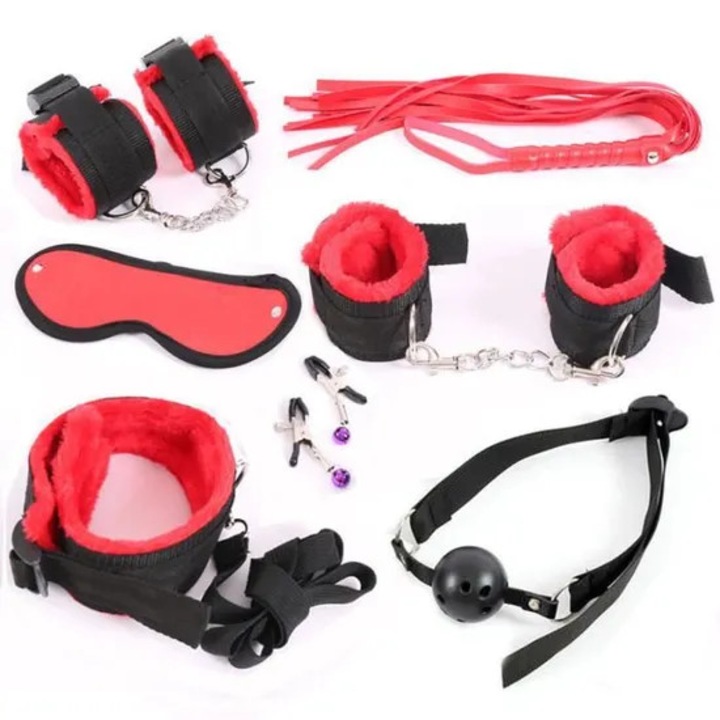BDSM szett, 7 db piros, bőr és nylon bilincs, "kamás" típusú szájkosár, szexjátékok nőknek