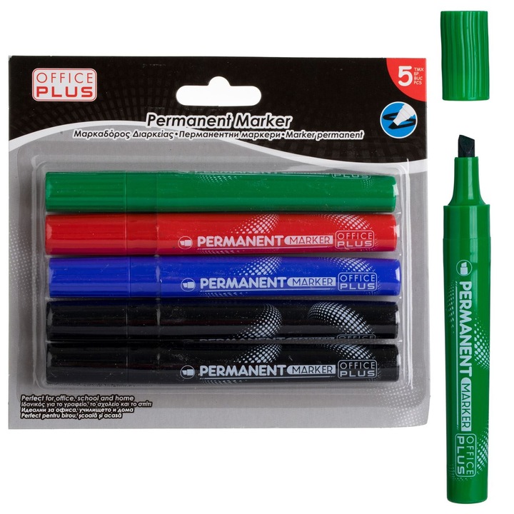 Комплект перманентни маркери, 5 броя, черен, червен, син, зелен, многоцветен