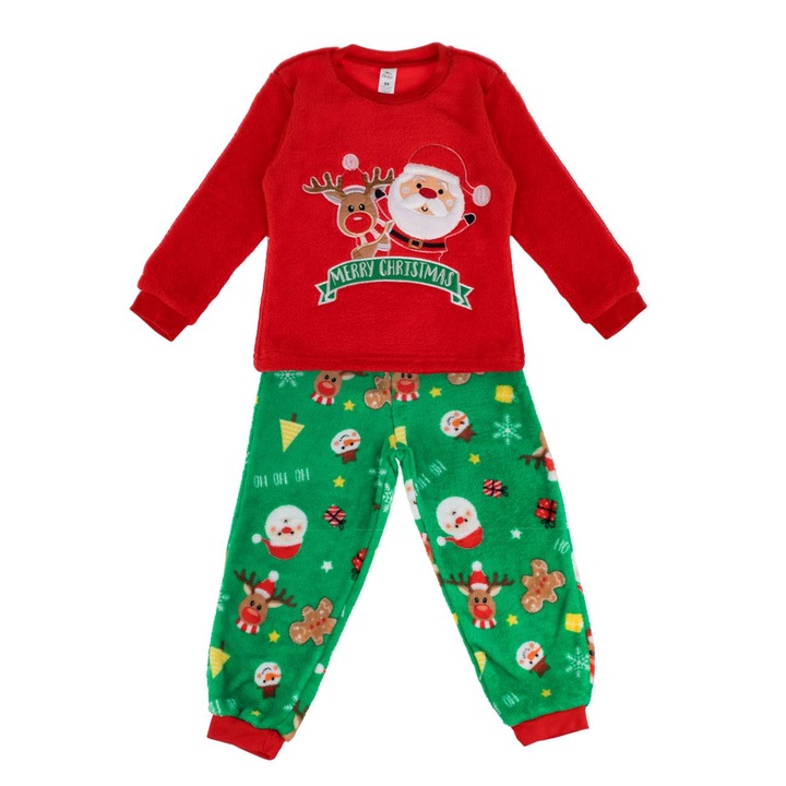 Pijama de Crăciun pentru copii, bicolor, roșie cu Moș Crăciun și verzi cu figurine, 3-4 ani, One-Size