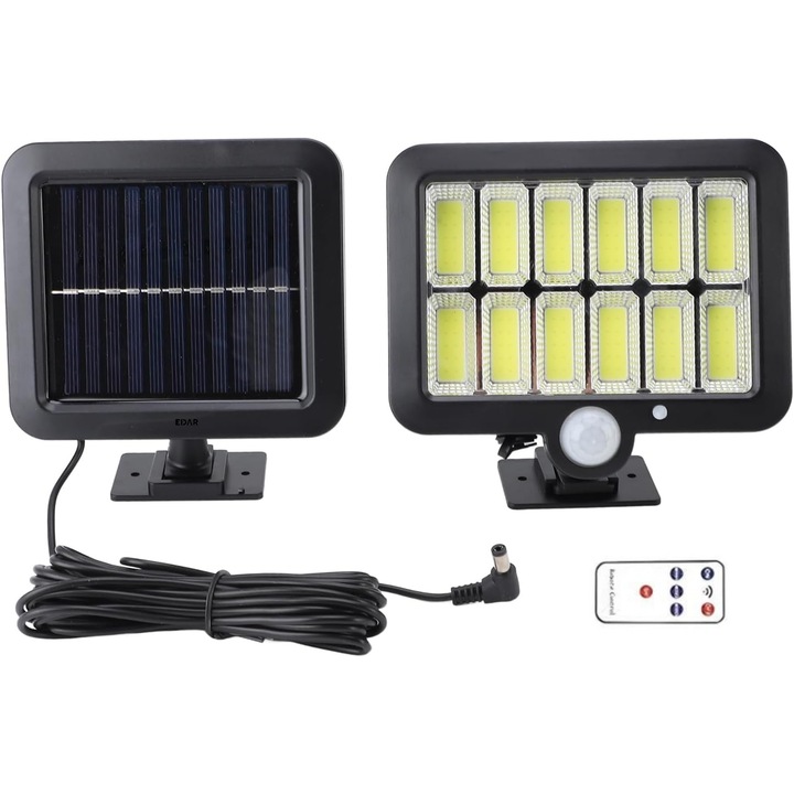 Napelemes LED lámpa, EDAR, 120 COB LED, Mozgásérzékelő, Távirányító, Fekete, 5m kábel