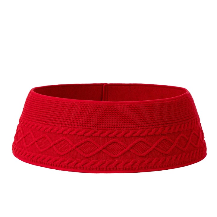 Funda de brad de Craciun tricotata, design elegant, rosie, dimensiune ajustabila 23-28 inch