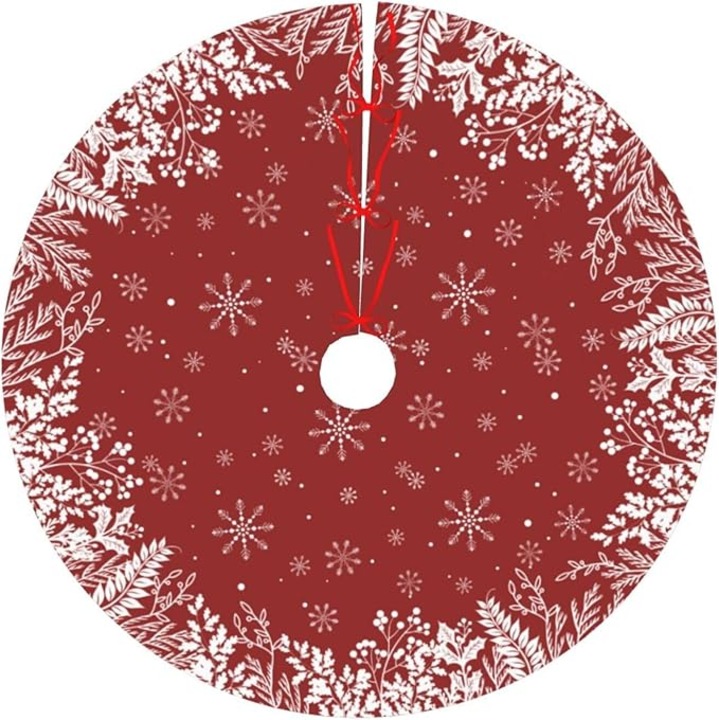 Funda de brad de Craciun rosie, design vintage cu flori si fulgi de zapada, 91cm